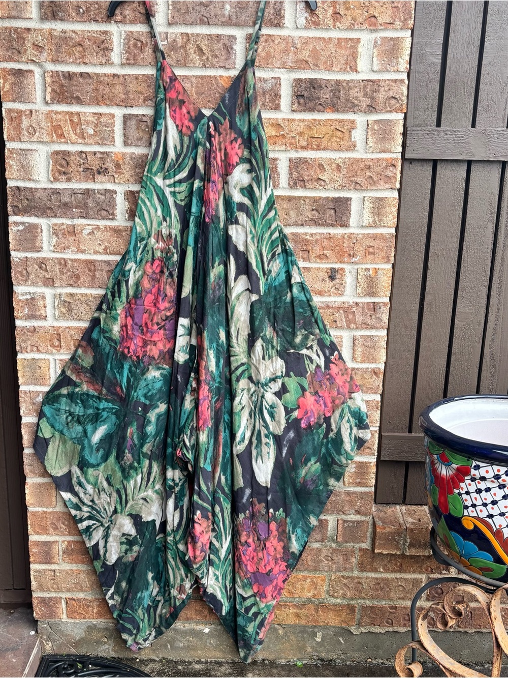 World Market Green & Pink Tropical print  flowy wide leg jumpsuit